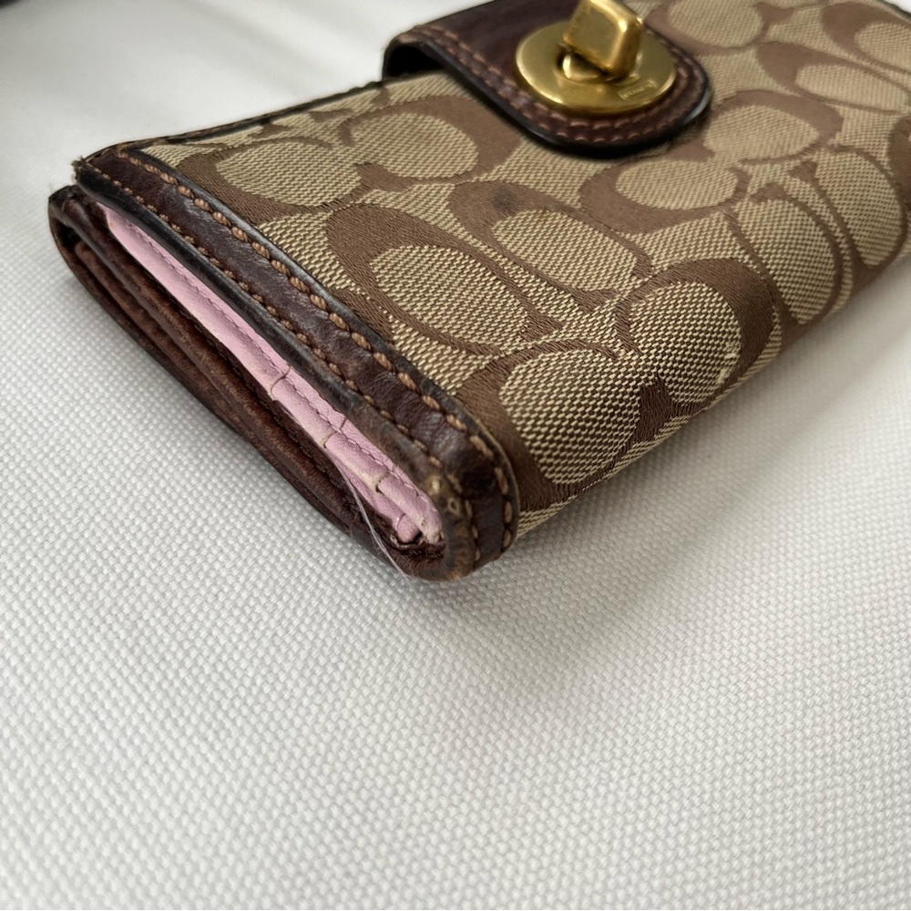 Coach Signature Print Canvas Leather Trim Brown Turnlock Long Fold Wallet - Picture 2 of 12